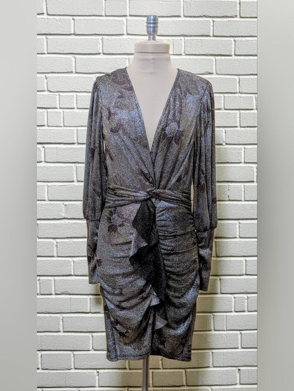 ba&sh Silver-Gray Bodyco Twist  Long Bishop Sleeve V-Neck Dress - Size Medium